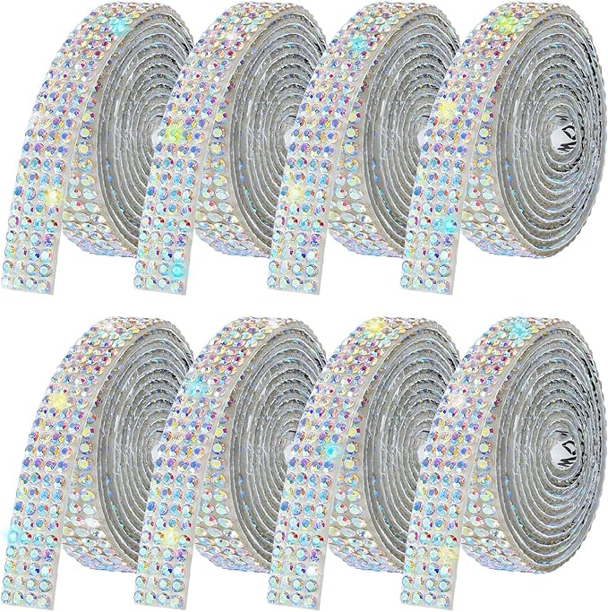Rhinestone Ribbon Self Adhesive, 8-Rolls Bedazzling Strips, 8-Yard Rhinestone Strips for DIY Craft, Rhinestones Tape Self Adhesive, AB Crystal Colors