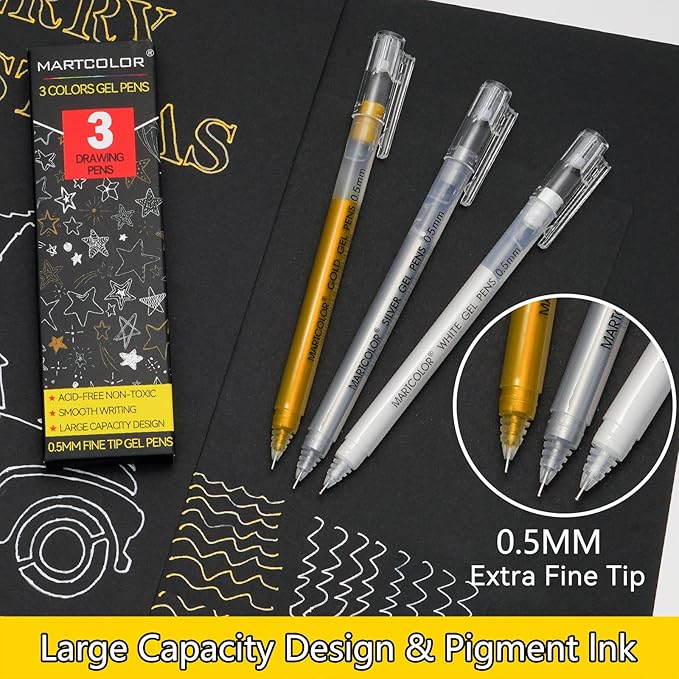 Gold Silver White Gel Pens, 0.5mm Extra Fine Point Opaque Archival Ink Pen for Black Paper Drawing, Art Highlight, Illustration, Bullet Journaling, Card Making & DIY Projects, 3 Pack