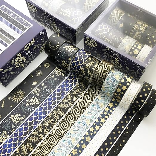 YUBX Creative Washi Tape Set 10 Rolls Gold Foil Print Decorative Masking Tapes for Arts, DIY Crafts, Journals, Planners, Scrapbook, Wrapping (Black Mashup)