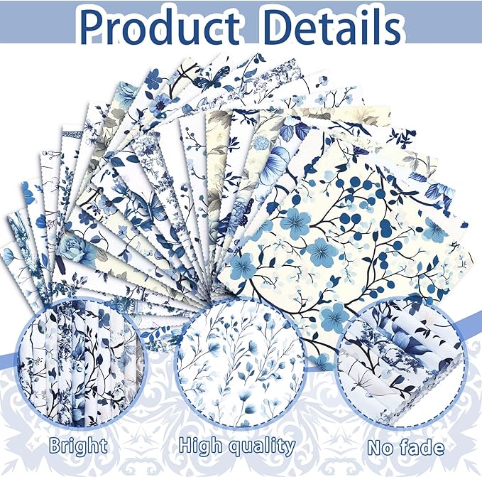 HunnmingRe 20 Pcs 10''x10'' Blue and White Floral Quilting Fabric Square Bundle Chinoiserie Precut Quiltted Fabric Floral Printed Patchwork Supplies for Handmade Patchwork DIY Sewing Material Craft