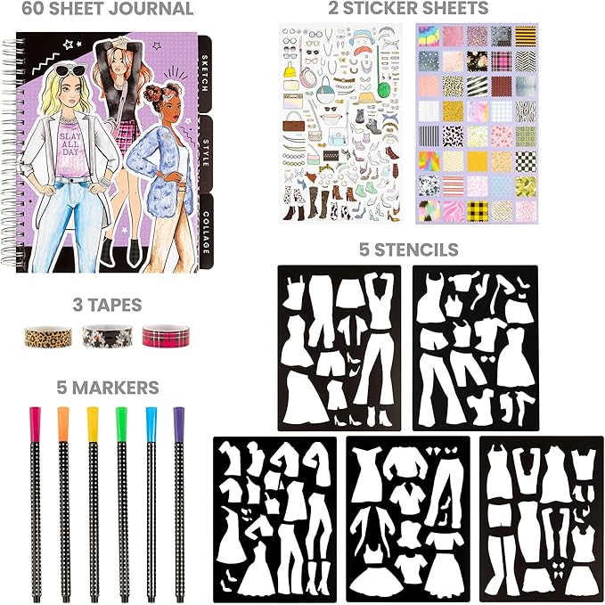 Fashion Angels Runway Fashion Graphic Journaling Set - Fashion Design Activity Journal with Markers, Stencils & Stickers - Teaches Basic Fashion Design - Beginners Fashion Sketch Pad for Kids 8 & Up