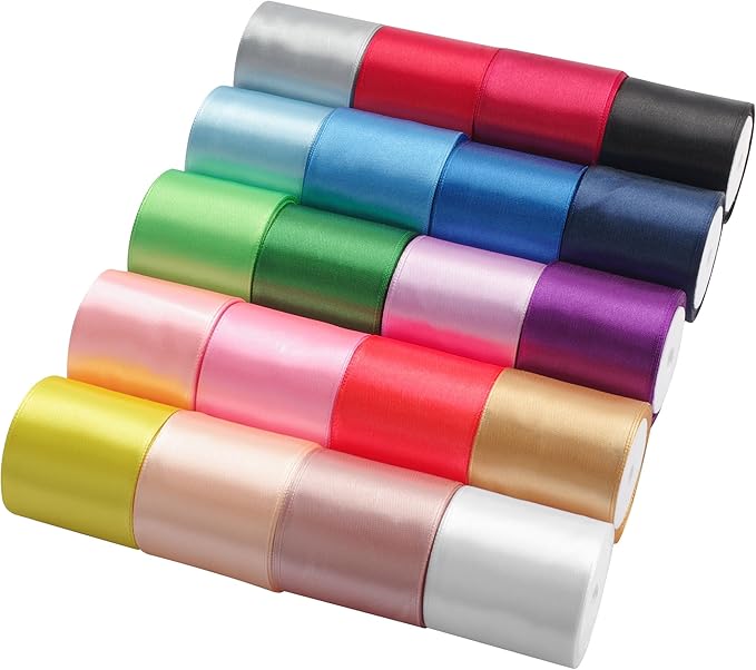 LIUYAXI 20 Colors Rainbow Ribbon Solid Color Assortment Double Face Satin Ribbon for Gift Wrapping Happy Birthday Wedding Party Decorations 2" X 5 Yard Each Total 100 Yds Per Package