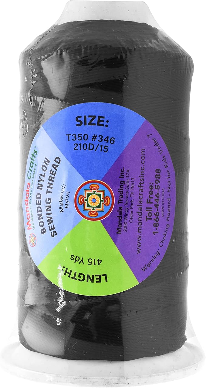 Mandala Crafts Size 346 210D T350 Bonded Nylon Thread - Black 415 YDs Tex 350 Heavy Duty Sewing Threads for Leather, Jeans, Weaving, Outdoor Marine Upholstery