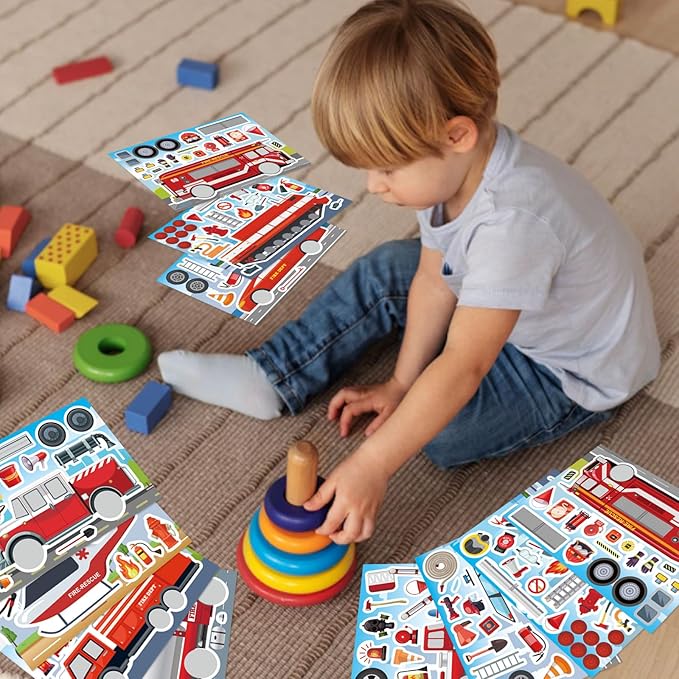 24 Sheets Truck Stickers for Kids, Make a face Sticker, Make Your Own Fire Truck Stickers with 8 Designs Fire Themed Truck for Kindergarten Birthday Gift Classroom Fire Party Favors