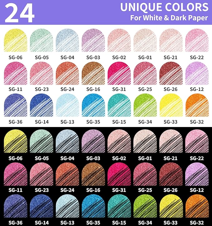 Glitter Gel Pens, 24 Pack Colored Pens for Black Paper & White Paper, 1.0mm Point Pens, Large Capacity Ink Pens for Coloring, Writing, Drawing, Journaling, Note Taking, Office, Home