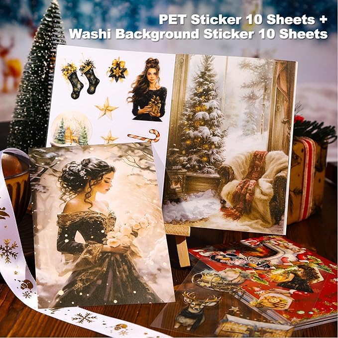 4-Pack Christmas PET & Washi Sticker Book Set – 80 Sheets of Festive Pre-Cut Stickers for Scrapbooking, Journaling, DIY Crafts, and Holiday Gift Wrapping