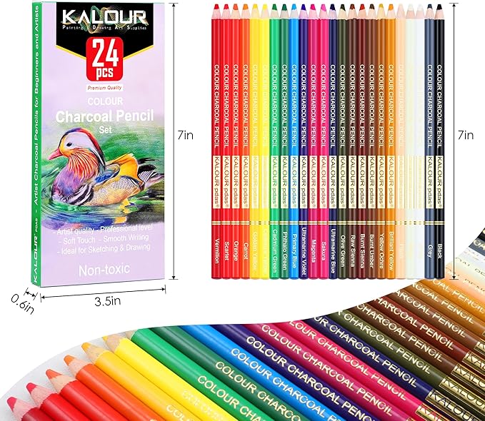 24 Premium Colored Charcoal Pencils Drawing Set, Quality Pastel Chalk Pencils, Skin Tone Colored, for Coloring, Sketching, Drawing, Layering & Blending for Beginners & Artists