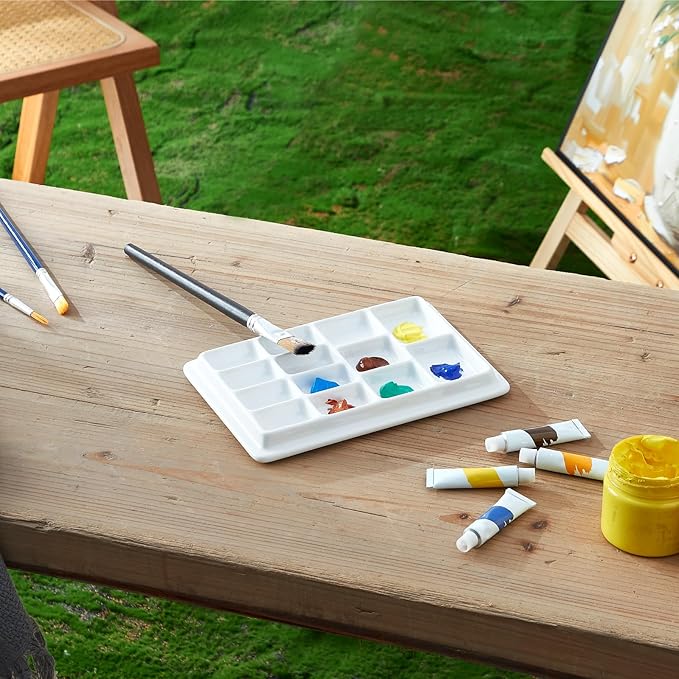 Ceramic Paint Palette with Lid,13-Well Porcelain Watercolor Mixing Tray for Acrylic, Oil, Gouache & Watercolor Paints, White Porcelain Palette with Plastic Cover