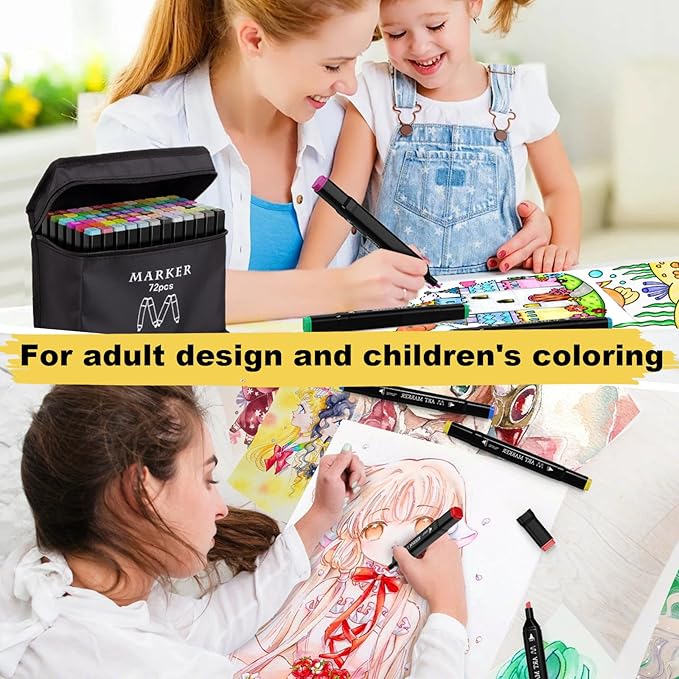 Alcohol Markers Set, 72 Colors Dual Tip Art Marker for Kids Sketching Adult Coloring, Permanent Drawing Marker with Case and Holders