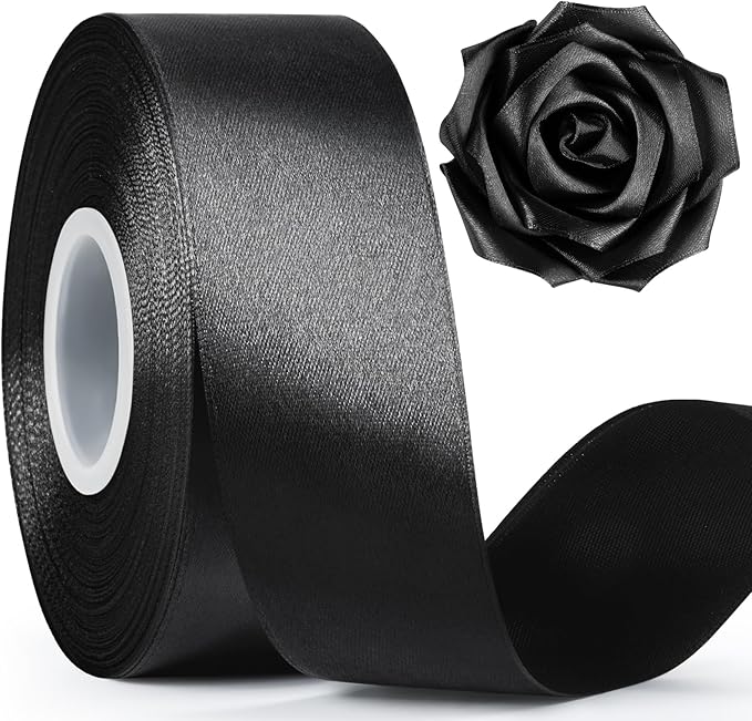 1-1/2 Inch Wide Black Satin Ribbon, 50 Yards Solid Polyester Fabric Ribbon for Roses Making, Gift Wrapping, Valentine's Day, Wedding Decorations, Crafts, Bows