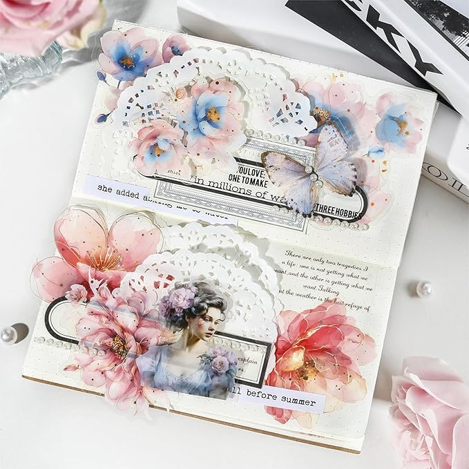 60pcs Watercolor Flower Stickers, PET Transparent Gold Foil Floral Scrapbooking Supplies, Vintage Floral Decals for Journaling, Card Making, DIY Crafts, Planners, Collage, Albums