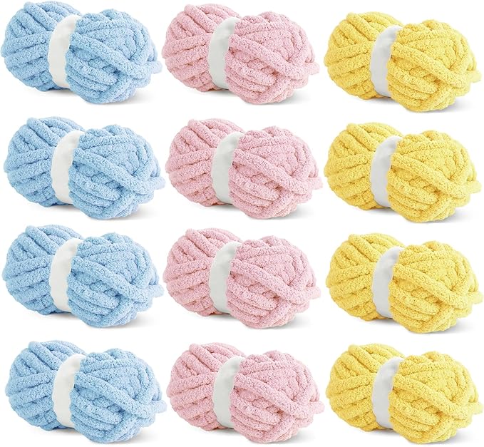 HOMBYS 12 Pack Chunky Yarn for Crocheting,Super Bulky Large Soft Fluffy Yarn,Plush Fuzzy Yarn,Thick Chenille Yarn for Hand Knitting/Arm Knitting,4 Pink,4 Buttercup,4 Sky Blue(Each 27yds,8 oz)
