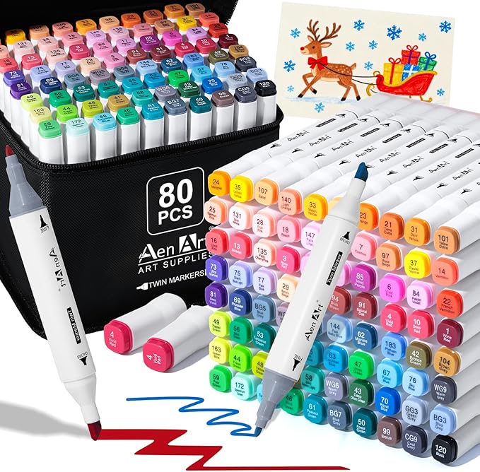 AenArt Alcohol Markers, 80 Color Dual Tip Art Drawing Markers, Artist Pens with Organizing Case for Adult Drawing Coloring Sketching（White Barrel）
