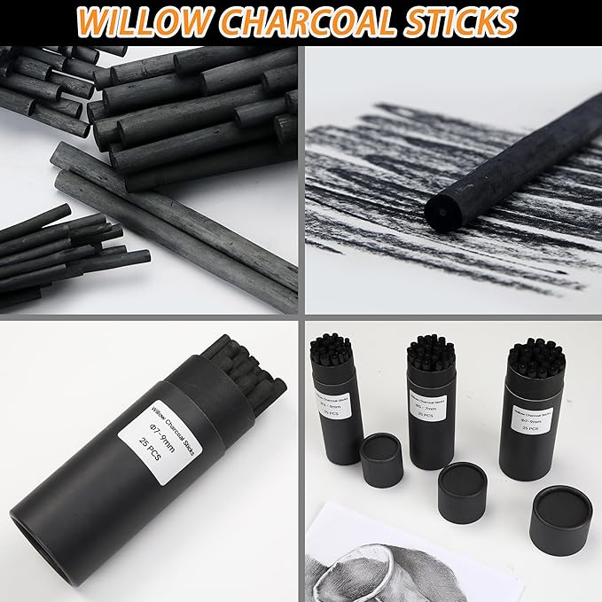 Willow Charcoal Sticks, Natural Willow Charcoal Pencils for Artists, Beginners, Students, Great for Sketching, Drawing, and Shading, Pack of 25 (3-9, Millimeters)
