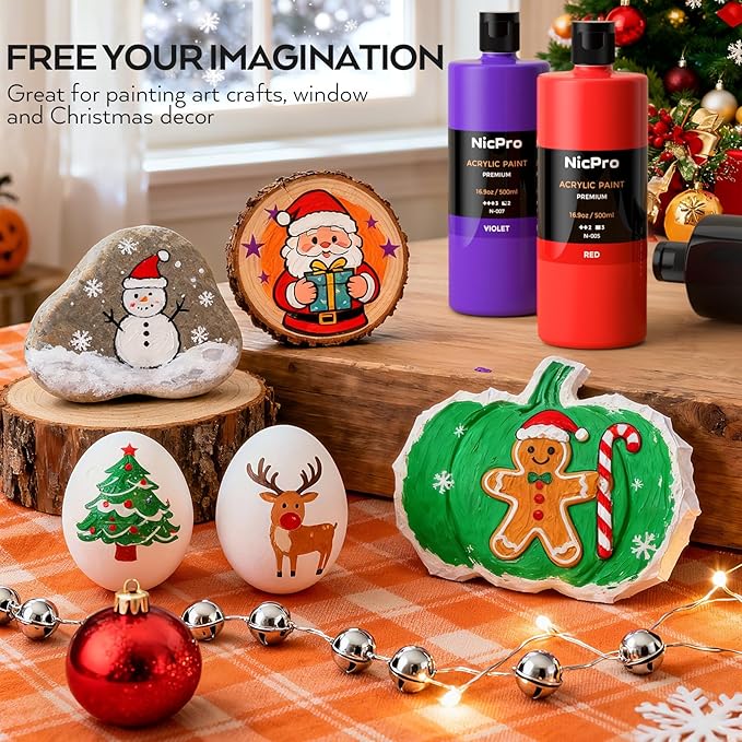 Nicpro 14 Colors Large Bulk Acrylic Paint Set (16.9 oz,500 ml) Rich Art Painting Supplies, Non Toxic for Multi Surface Rock Canvas Wood Ceramic Leather Fabric Craft, for Adult with Color Wheel
