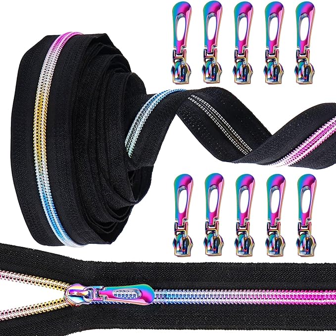 #5 Rainbow Zipper Tape by The Yard 5 Yards Colorful Teeth Nylon Zippers with 10 Pcs Metal Rainbow Zipper Pullsfor DIY Sewing Tailor Crafts (Black，Rainbow)
