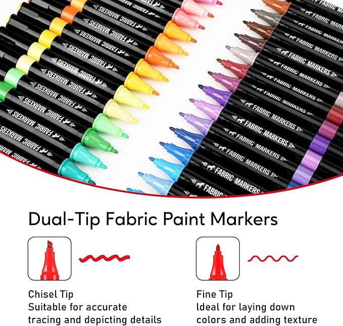 Fabric Markers Permanent for Clothes, 40 Colors Dual Tip with Fine and Chisel Tips Paint Pens for Clothing Canvas Tote Bags T-Shirt and Shoes, Non Toxic Ink for Kids and Adults