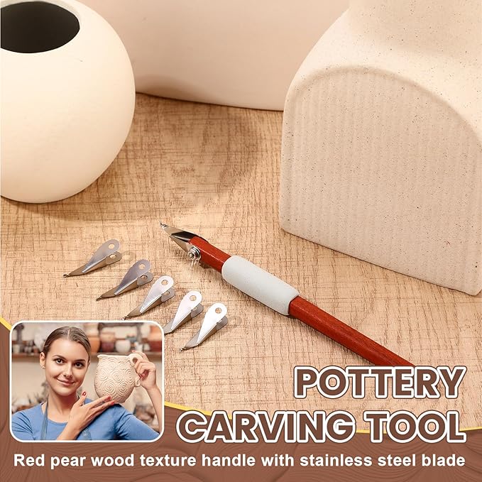 Lanties Pottery Carving Tools Set Include 5 Stainless Steel Blades & Red Pear Wood Handle, Sculpture Scraper Craft Modelling Tools for Clay, Ceramic Sculpting, Graffito, Relief Art(Fine Tip)