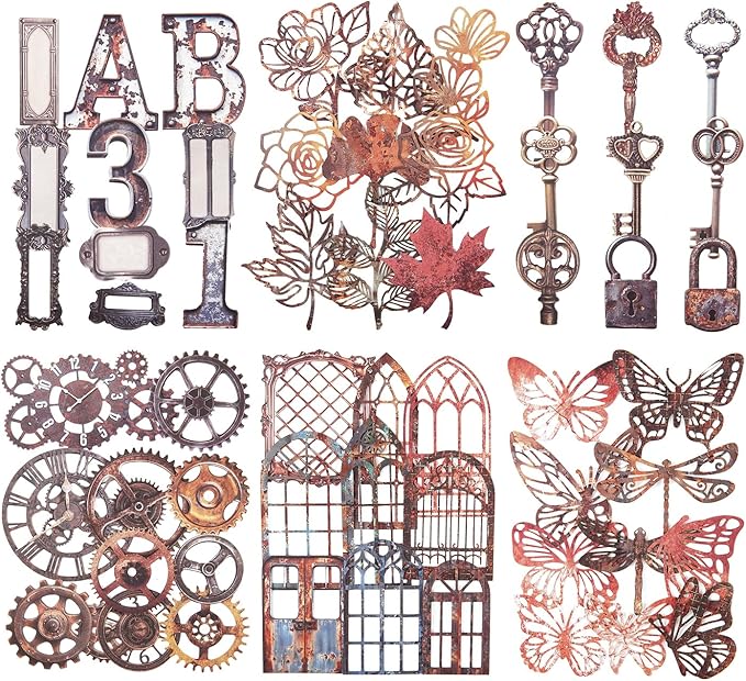 60PCS Industrial Vintage Sticker Set, Coated Paper Stickers with Rusty Gears, Keys, Frames, and Butterflies for Scrapbooking, Journaling, and DIY Crafts