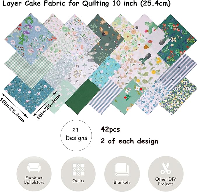 42Pcs 10" Layer Cake Fabric, Pre-Cut Quilt Fabric Squares 10x10 inch for Sewing Patchwork, Layer Cakes 10 inch Squares for Quilting - Green