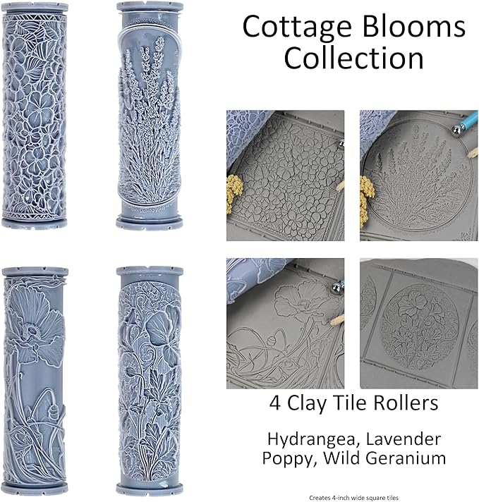 Cottage Blooms 4-Pack Clay Texture Rollers (4") - Flower Set #02 - Embossing Pattern Rollers for Polymer & Ceramic Clay, Pottery & Crafts