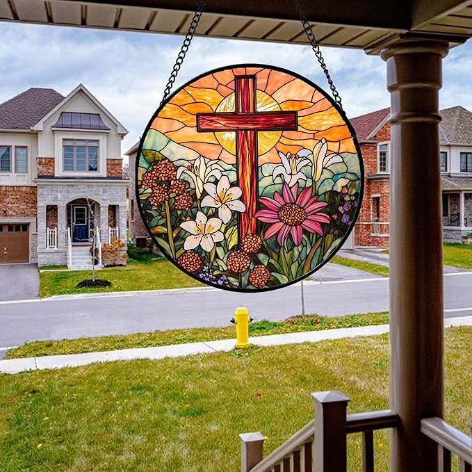 Christian Gifts for Women - Cross Stained Glass Window Hanging Easter Flower Sunset Landscape Sun Catcher Garden Religion Decor Mother's Day Catholic Gift for Men Grandma Mom Her Nana 11.8"