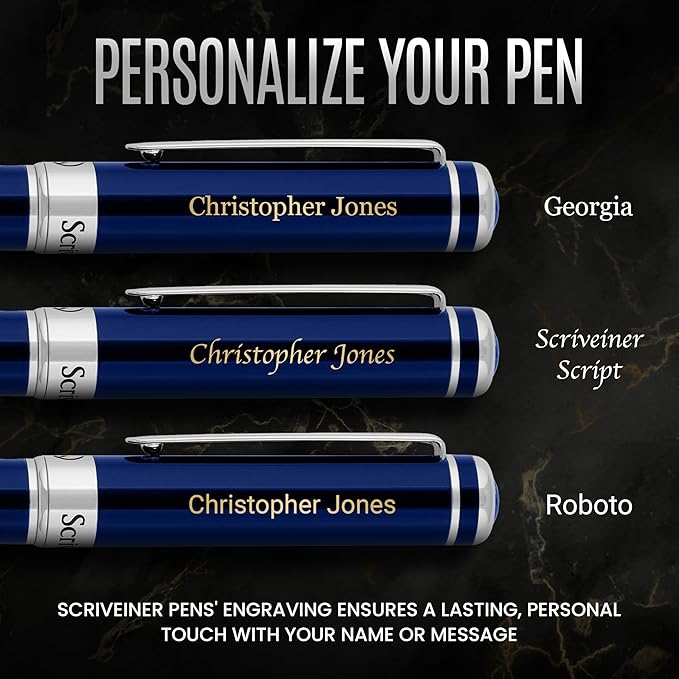 Scriveiner Personalized Midnight Blue Rollerball Pen - Stunning Blue Lacquer Luxury Pen, Chrome Finish, Schmidt Ink Refill, Best Engraved Roller Ball Gift Set for Men & Women, Custom Name Engraving