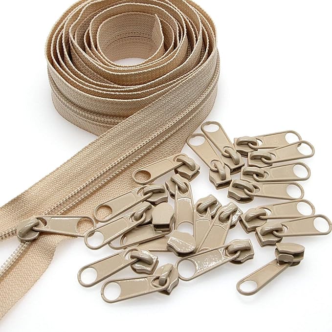 Leekayer #3 Beige Nylon Coil Sewing Zippers by The Yards Bulk 10 Yards with 25pcs Sliders for DIY Tailor Sewing Craft Bags,Luggage,Dress,Sofa Cushion,Pillow(Beige)