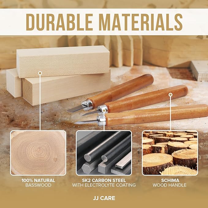 JJ CARE Wood Carving Kit, 24pcs Wood Whittling Kit with 12 SK2 Steel Carving Knives, 10 Basswood Blocks, 1 Grinding Stone & Storage Case, Gift Set for Beginners & Adults