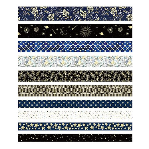 YUBX Creative Washi Tape Set 10 Rolls Gold Foil Print Decorative Masking Tapes for Arts, DIY Crafts, Journals, Planners, Scrapbook, Wrapping (Black Mashup)