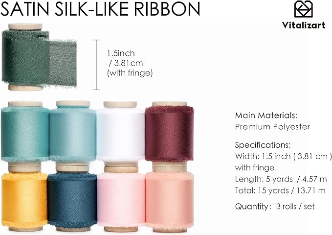Vitalizart Silk Satin Ribbon 1-1/2 Inch x 45 Yard Rainbow Assorted Color Handmade Frayed Ribbons for Gift Wrapping Baby Shower Wedding Bridal Bouquets Holiday Decor 9 Rolls x 5 Yard