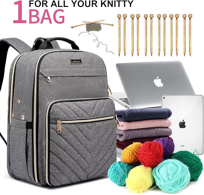 Knitting Bag Backpack, Crochet Bag Tote, Large Yarn Storage Tote Bag with USB Charging Port, Yarn Holder Case for Carrying Projects, Knitting Needles, Yarn Supplies, Grey
