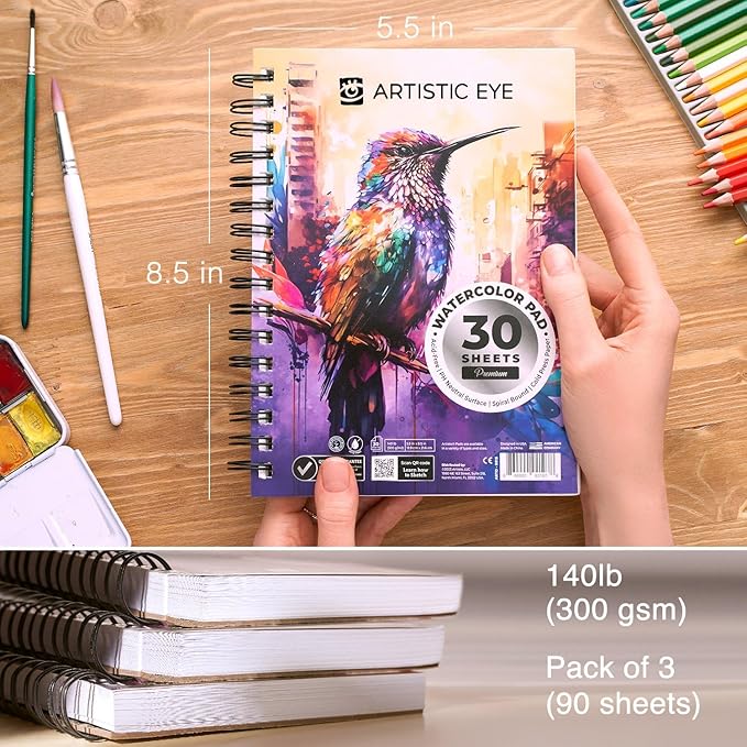 ARTISTIC EYE 5.5x8.5 Premium Watercolor Pads, Pack of 3 (90 Sheets), Spiral Bound, 140lb (300gsm), Acid-Free Paper, Perfect for Most Wet & Dry Media, Ideal for Beginners, Artists & Professionals