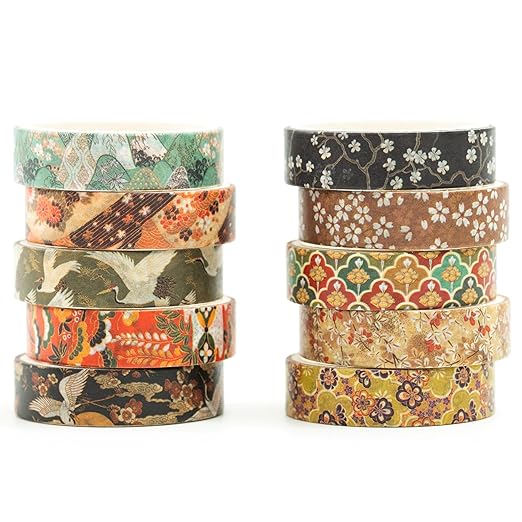 10 Rolls Ukiyo-e Style Washi Tape Set Japanese Kyoto Arts Adhesive Tapes Skinny Decorative Masking Tape Sets for Craft, Kids, Scrapbook, DIY, Gift Wrapping (Golden Seasons)