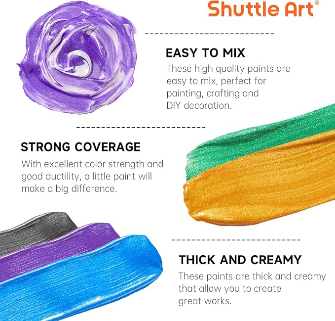 Shuttle Art 8 Colors Metallic Acrylic Paint, 250ml/8.45oz Bottles Acrylic Paint Set, Rich Metallic Shade, Bulk Painting Supplies for Artists, Beginners and Kids Painting on Rocks Crafts Canvas Wood