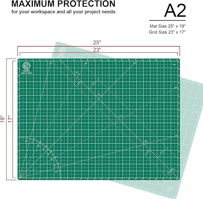 KC GLOBAL A2 (24"x18") Self-Healing Cutting Mat (Dark Green) - Sturdy, Reversible, Eco-Friendly, Non-Slip. Premium Desk Mat for Crafters, Quilters, and Hobbyist