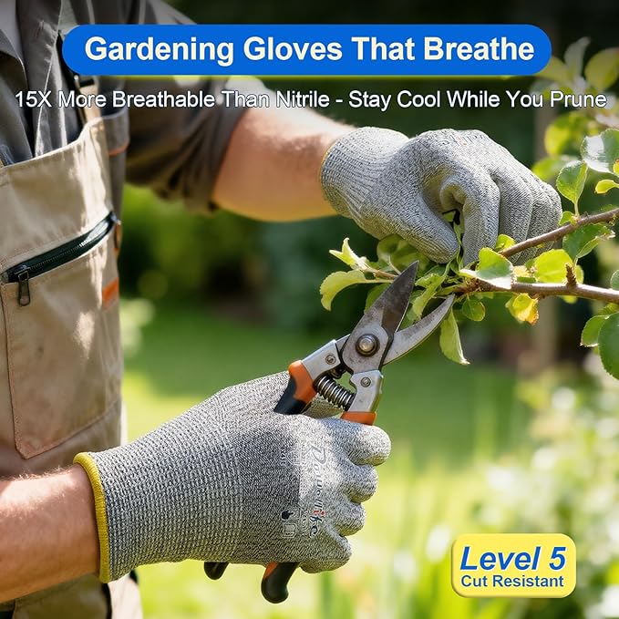 Dowellife 12 Pairs Level 5 Cut Resistant Work Gloves for Men and Women, PU Coated Breathable Gardening Gloves, Thin Flexible and Firm Grip for Mechanics and Fishing (X-Large, Grey)