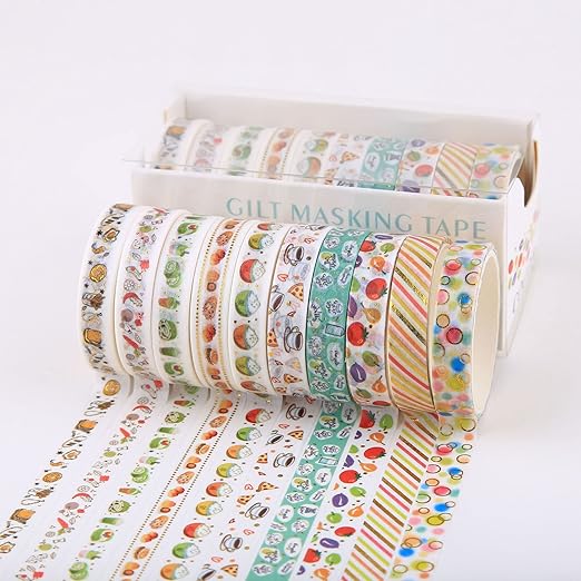 YUBBAEX 10 Rolls Sparkling Washi Tape Set 8mm Skinny Gold Foil Decorative Masking Washi Tapes for Bullet Journal,Scrapbook, Planner, DIY Crafts (Gourmet Temptation)