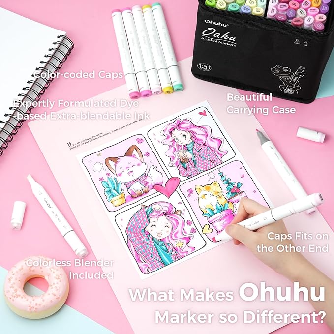 Ohuhu Alcohol Markers, 120-color Marker Set for Artists, Oahu Series, Double Tipped Alcohol Based Art Markers for Adults Coloring Sketching Illustration, Marker Case, Fine & Chisel