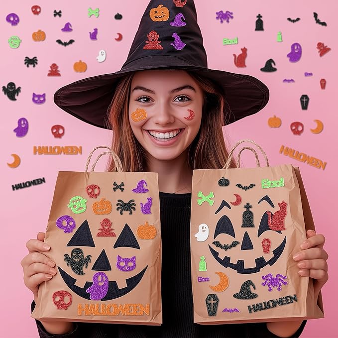 300Pcs Halloween Stickers, Self-Adhesive Glitter Halloween Foam Stickers, Assorted Shape Pumpkin Spider Bat Sticker, Halloween Party Favors Bulk for DIY Crafts Home Decorations