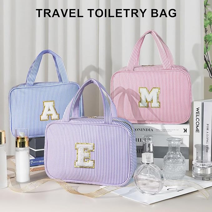 TOPEAST Teen Girl Gifts Trendy Stuff - Birthday Gifts for 7 8 9 10 11 12 13 14 15 16 17 18 Year Old Teen Girls, Hanging Toiletry Bag Initial Makeup Bag - Letter E, Blue