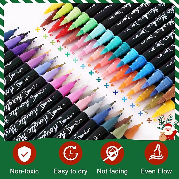60 Colors Acrylic Paint Markers - Waterproof Dual Tip Acrylic Paint Pens with Brush & Fine Tip Professional Marker Set Scrapbook Markers for Paper Rock Wood Fabric Glass Ceramic and DIY Crafts
