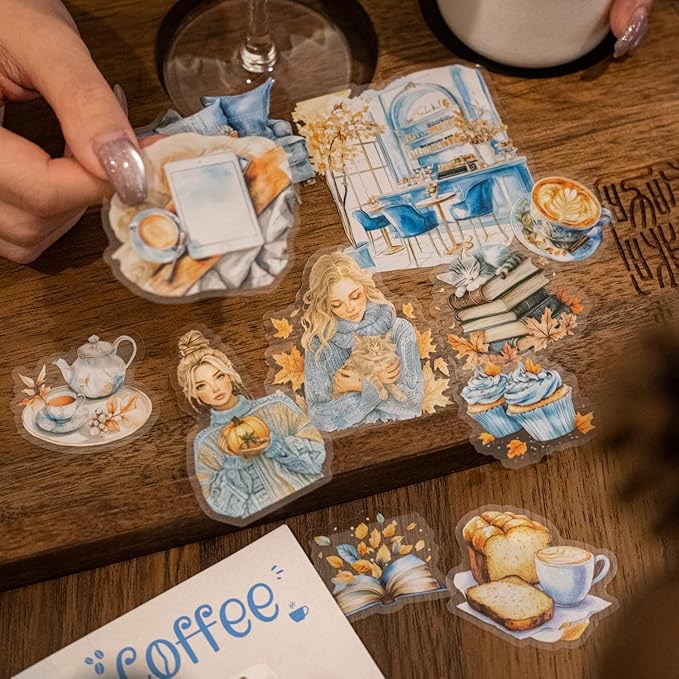 120 Pcs Coffee Themed PET Stickers Set, Vintage Aesthetic Stickers for Scrapbooking, Journaling, and DIY Crafts
