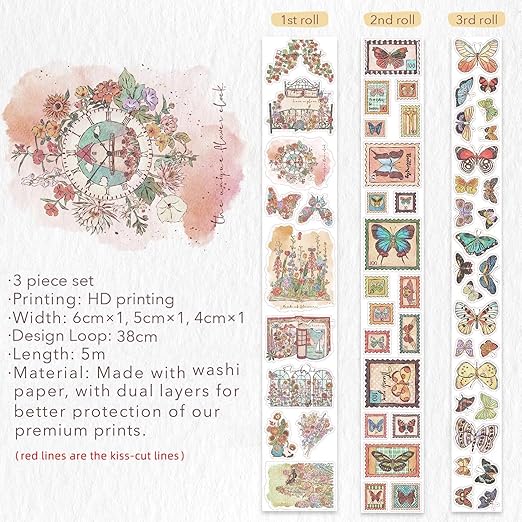 WT Stamped Wings Washi Tape Sticker Set – 3 Rolls Decorative Butterfly & Wing Washi Sticker Tape, Vintage Adhesive Tape for Journaling, Scrapbooking, Planner, DIY Crafts & Wrapping (40mm, 50mm, 60mm)