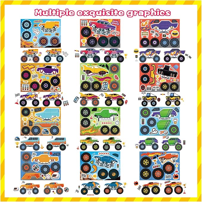 DUJAA 24 Sheets Monster Truck Stickers for Kids, Colorful, Premium Quality, Make Your Own, Monster Truck Party Favor, Teacher Reward, Birthday Gift