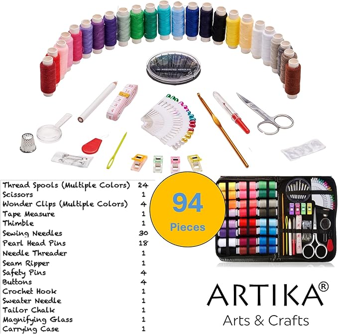 ARTIKA Sewing Kit for Adults and Kids (94 PCS) - Small Beginner Set w/Multicolor Thread, Needles, Scissors, Thimble & Clips - Emergency Repair and Travel Kits - Sewing Accessories and Supplies