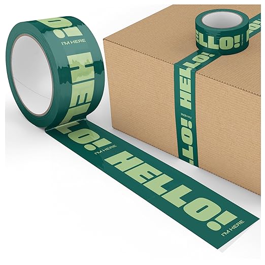 2 Rolls + Dispenser Decorative Packing Tape for Small Business, Cute Designer Packaging and Shipping Supplies - Hello! I'm Here, Green, 1.88" x 110 Yards (330 feet), Two 55 Yard Rolls