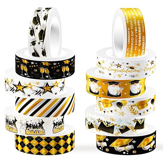 12 Rolls Graduation Washi Tape Set, Gold Foil Congratulations Graduation Masking Tapes, Black Gold Star Grad Cap Decorative Sticker Tape for Graduation Scrapbook DIY Crafts Gift Packaging 16.4FT