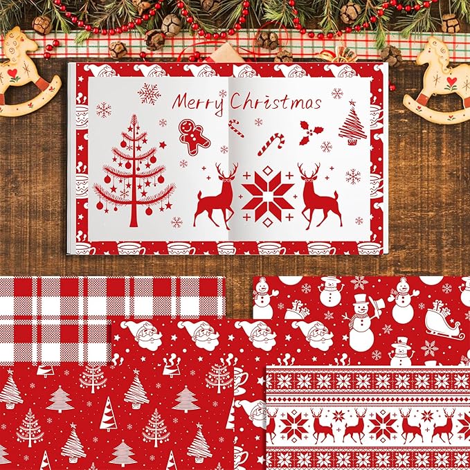 24 Sheets Christmas Scrapbook Paper 12'' × 12'' Double-Sided Xmas Red Pattern Paper Decorative Art Cardstock for Holiday DIY Crafts Card Making Scrapbook Supplies