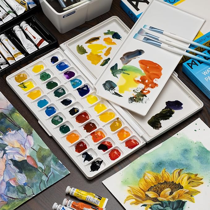 MEEDEN Watercolor Palette with Lid: 33 Wells Airtight Folding Paint Palette with Large Mixing Tray - Empty Acrylic Painting Art Pallet 12.5''x 6.5'' Grey